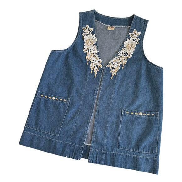 Vintage Jackets & Blazers - Vintage 90s Cactus California Lace Applique Blue Jean Denim Vest Women’s Medium
